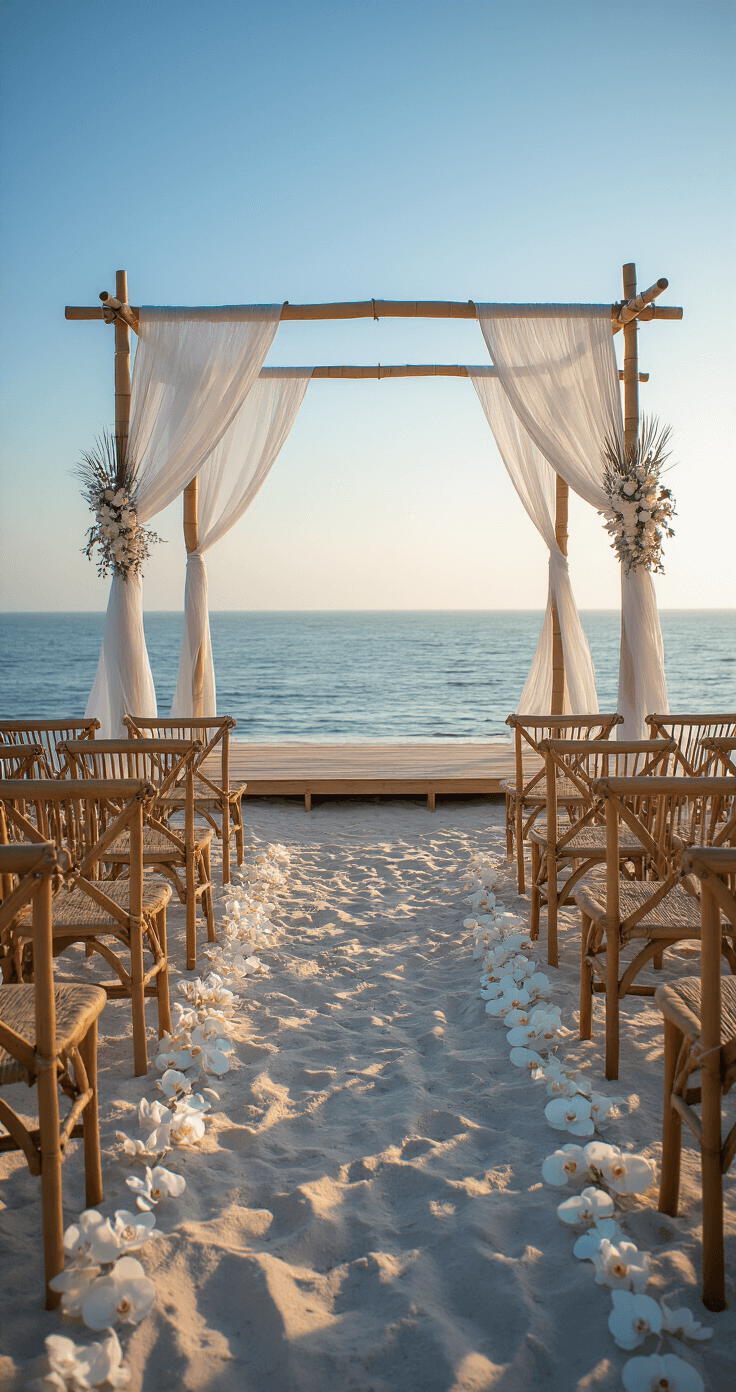 A serene beachfront wedding setup at dawn, featuring a bamboo arch, driftwood chairs along a sandy aisle adorned with white orchids, and a small string ensemble on an elevated platform, all surrounded by gauzy white fabric panels floating in the breeze, with an ethereal morning mist over the ocean horizon.