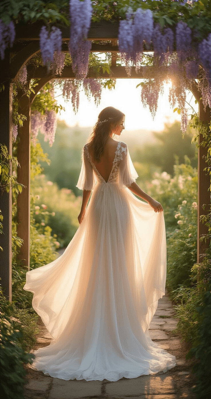 Bride in a chiffon gown with illusion sleeves stands under a wisteria-covered pergola during golden hour, with gentle backlighting highlighting the gown's ethereal movement in a serene garden setting.