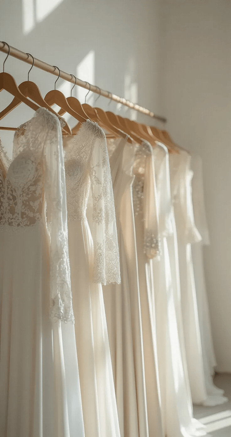 Modern minimalist bridal salon corner featuring a collection of designer long-sleeve gowns on premium wooden hangers, showcasing textures from delicate lace to structured silk mikado, with mid-morning light creating clean shadows and highlighting varied sleeve styles.