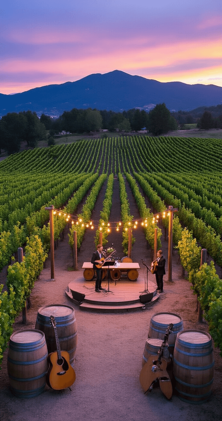 A picturesque mountain vineyard at dusk, featuring rows of grapevines forming a natural aisle leading to a rustic wine barrel altar under warm market lights. An acoustic trio is set among wine barrels, with a stunning purple and gold sunset sky providing a romantic backdrop.