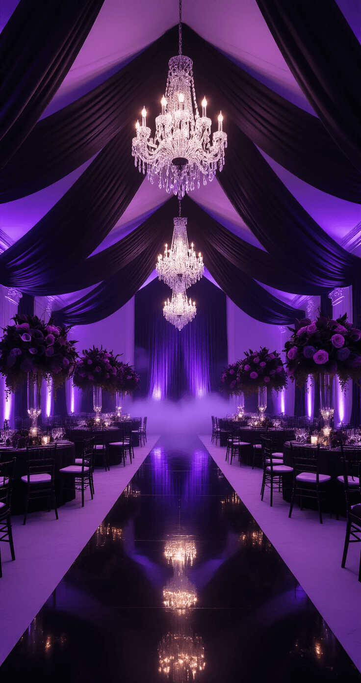 Wide-angle view of a grand ceremony hall with a vaulted ceiling, featuring dramatic black velvet drapery and purple LED uplighting. Crystal chandeliers reflect prismatic light on glossy black flooring, while clusters of candelabras with deep purple candles line a central aisle. Floral installations of black calla lilies, dark purple orchids, and plum roses enhance the corners, with ethereal fog adding a moody atmosphere.
