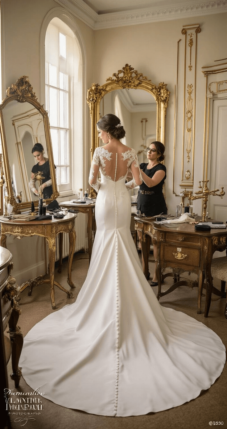 A bride is fitted in a structured A-line gown with lace sleeves in a Victorian bridal suite, illuminated by morning light. Antique furniture and gilt mirrors complement the scene as a seamstress makes final adjustments, with a view from above highlighting the gown's elaborate train and the room's vintage elegance.