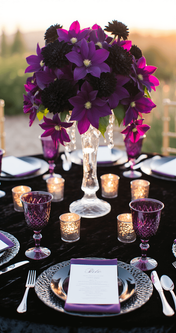 A close-up of a round reception table draped in a matte black crushed velvet tablecloth, illuminated by golden hour light. The table features a crystal-cut centerpiece with dark purple clematis and black dahlias. Elegant place settings include black charger plates, purple-tinted crystal glasses, and silver cutlery. Floating candles in mercury glass vessels add a warm glow, with a focus on detailed place cards against a softly blurred background.
