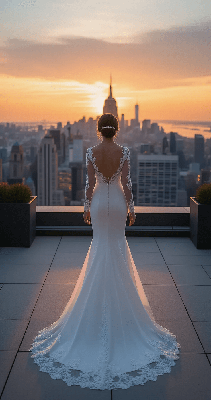 A petite bride in a fitted long-sleeve gown with lace patterns walks towards a wedding altar on a contemporary rooftop at dusk, with the Manhattan skyline in the background; captured from behind, highlighting her elegant silhouette and the intricate details of her dress.