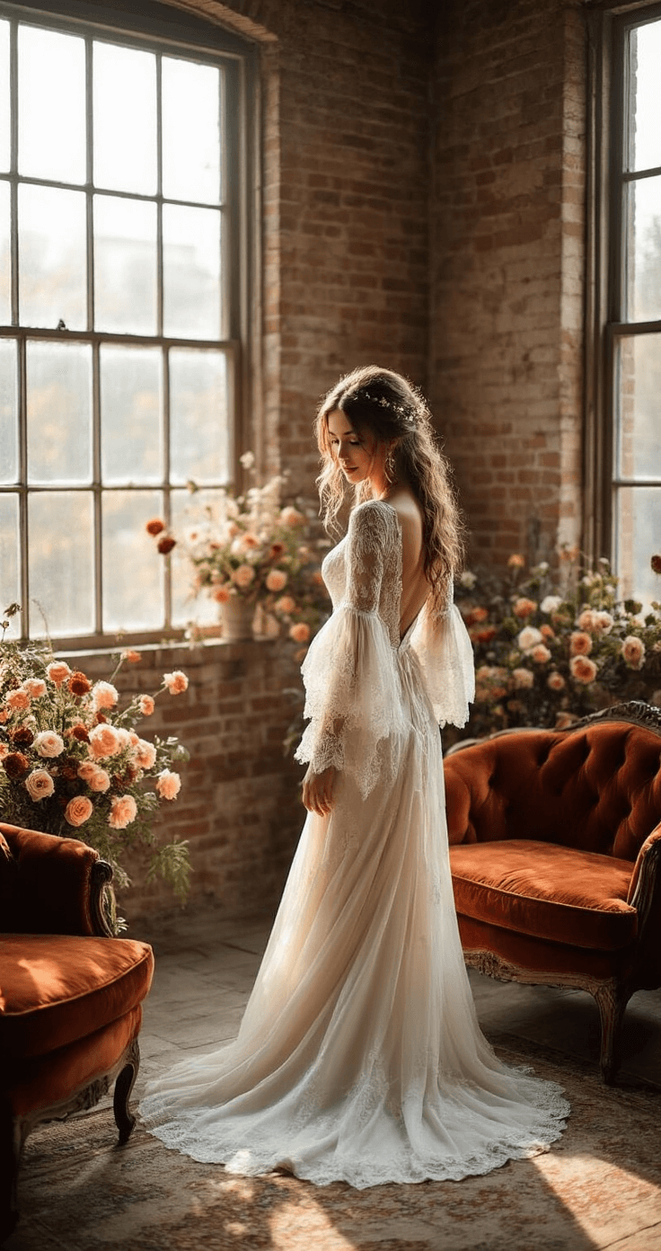 Cozy autumn bridal preparation scene with a bride in a bohemian gown, surrounded by exposed brick, velvet furniture, and scattered roses, illuminated by mid-afternoon light from warehouse-style windows.