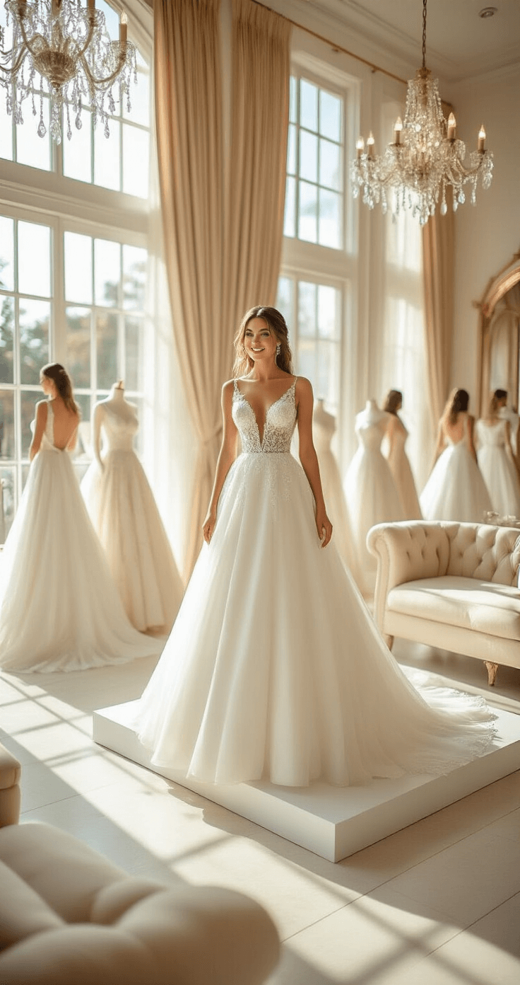 A bride stands on a raised platform in a sun-filled bridal boutique, wearing a classic white A-line gown with lace detailing, as morning light streams through large windows, capturing her joyous expression in multiple reflections. Surrounding her are elegantly arranged wedding gowns and plush seating, under a shimmering chandelier.
