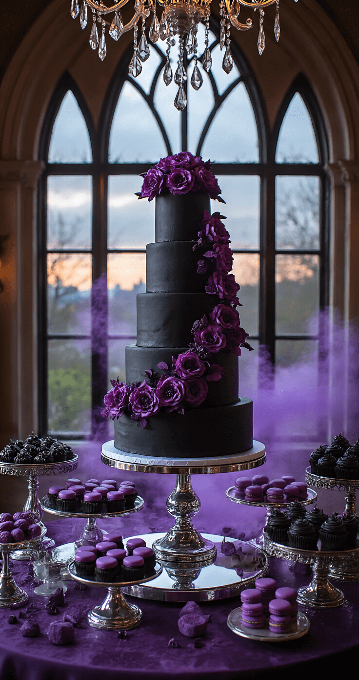 Low-angle shot of a 12ft dessert table beneath Gothic arches at dusk, featuring a three-tiered black fondant cake with purple sugar flowers on a mirrored plateau, surrounded by dark chocolate truffles, purple macarons, and black velvet cupcakes on silver stands, with purple smoke effects and dramatic pinspot lighting.