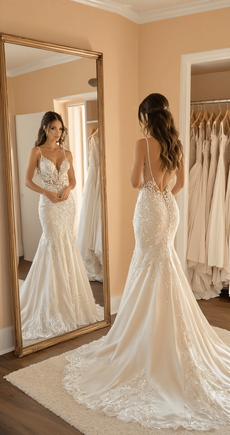 A bride admires a designer mermaid gown in a softly lit bridal fitting room, with pearl embellishments shimmering against champagne-colored walls, while organized racks of gowns add depth in the background.