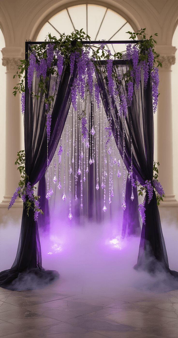 A 15ft asymmetrical ceremonial installation featuring a metal framework draped in sheer black fabric, intertwined with purple wisteria vines, illuminated by suspended crystal prisms and vintage pendants, with fog machines enhancing the ethereal atmosphere under purple spotlights.