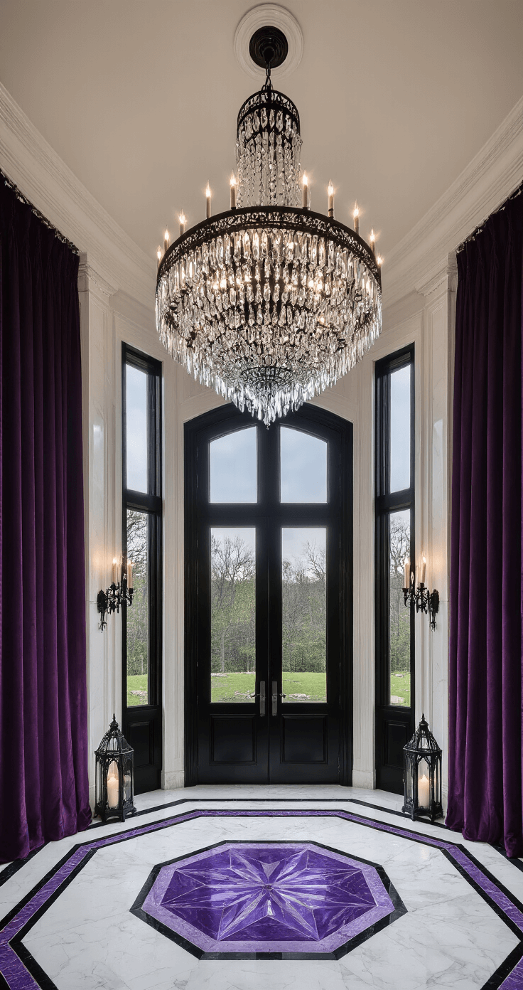 Wide shot of an octagonal foyer at magic hour, featuring soaring black lacquered double doors with purple velvet curtains, an oversized black crystal chandelier, and a marble floor with inlaid purple stone detail, surrounded by gothic-inspired lanterns and massive mirrors reflecting candlelight.