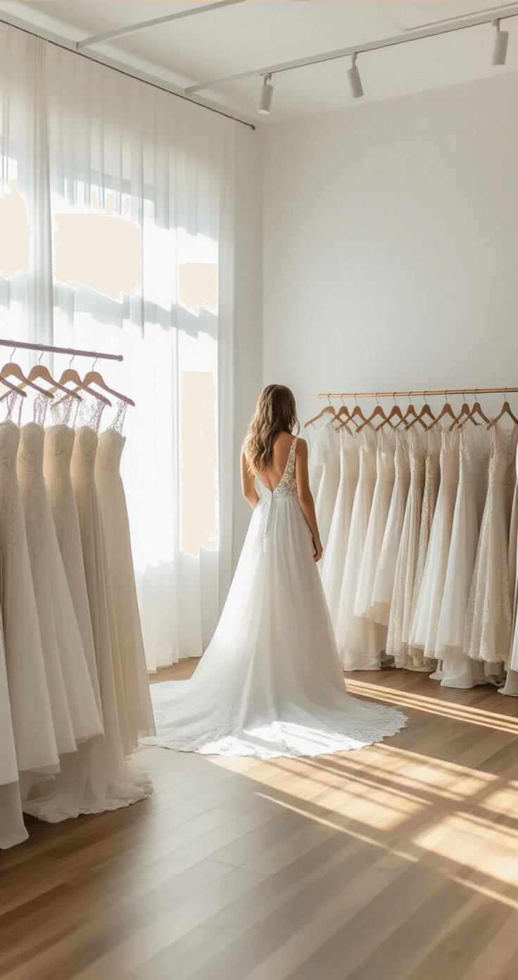 A bride in a minimalist bridal boutique with white walls and natural wood floors explores budget-friendly wedding dresses displayed elegantly on racks, illuminated by soft diffused natural light from sheer curtains.