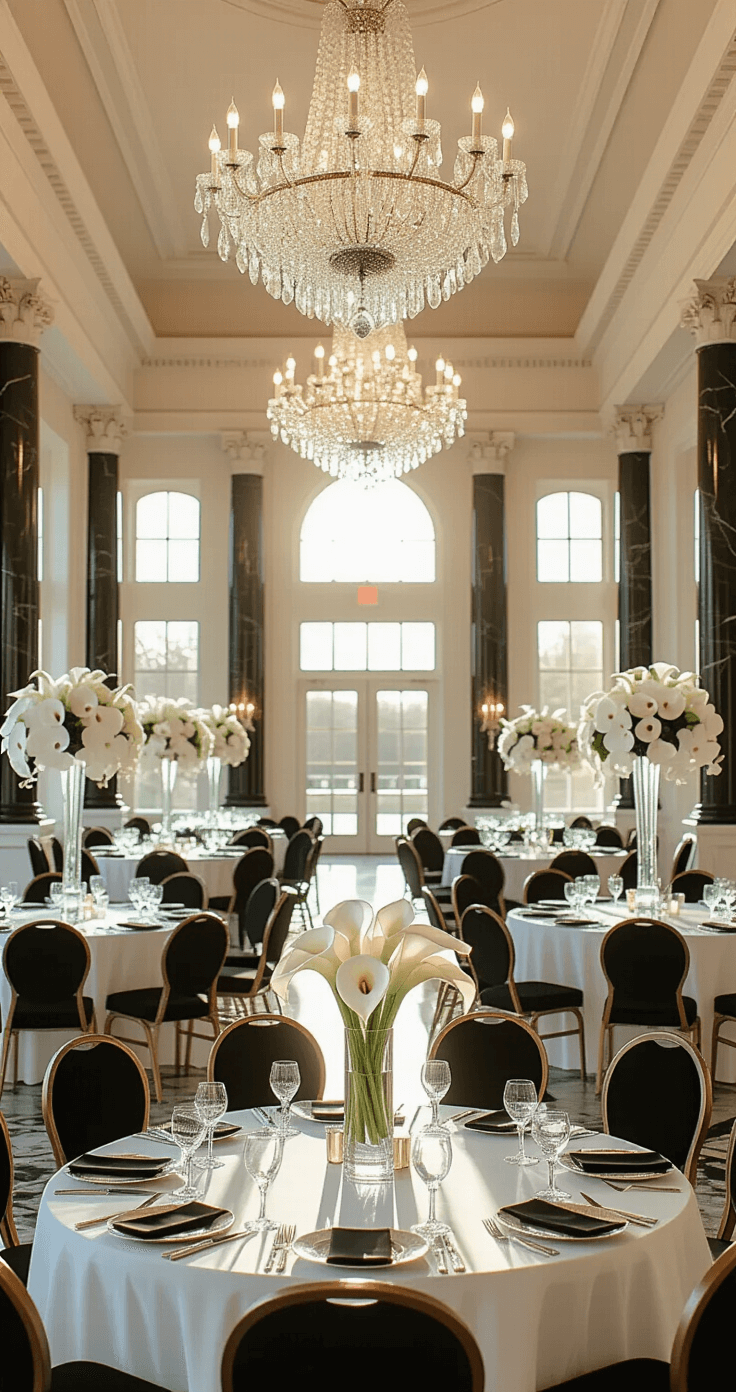 A luxurious ballroom with high ceilings and crystal chandeliers, featuring a monochromatic reception setup with white table linens, black velvet chairs, and elegant floral centerpieces. Natural light filters through large windows, casting dramatic shadows on the architectural details.