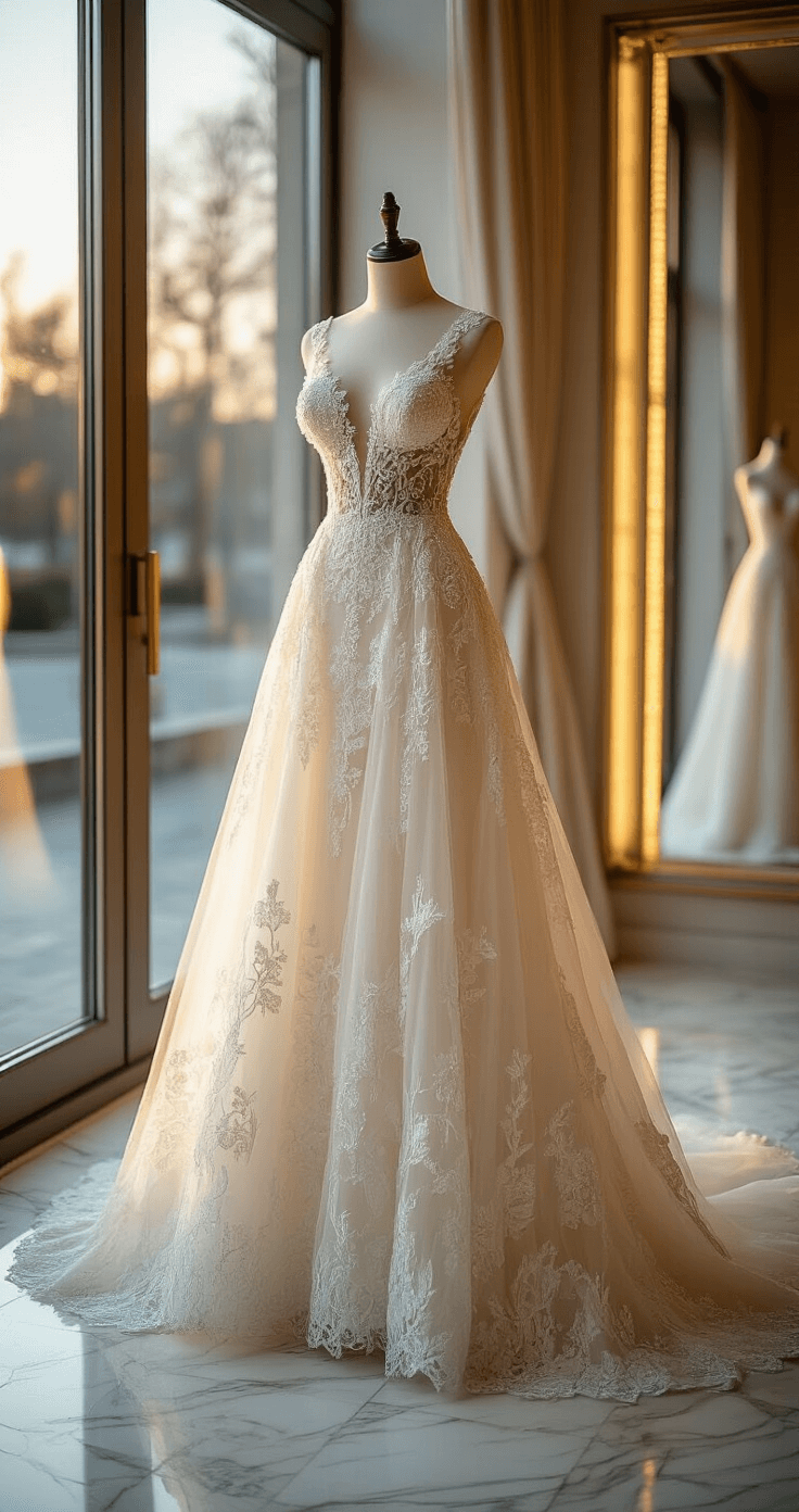 Close-up of an intricate bridal gown's beadwork and lace displayed on a mannequin in a luxurious salon, with golden hour sunlight illuminating the details and reflections on marble floors.
