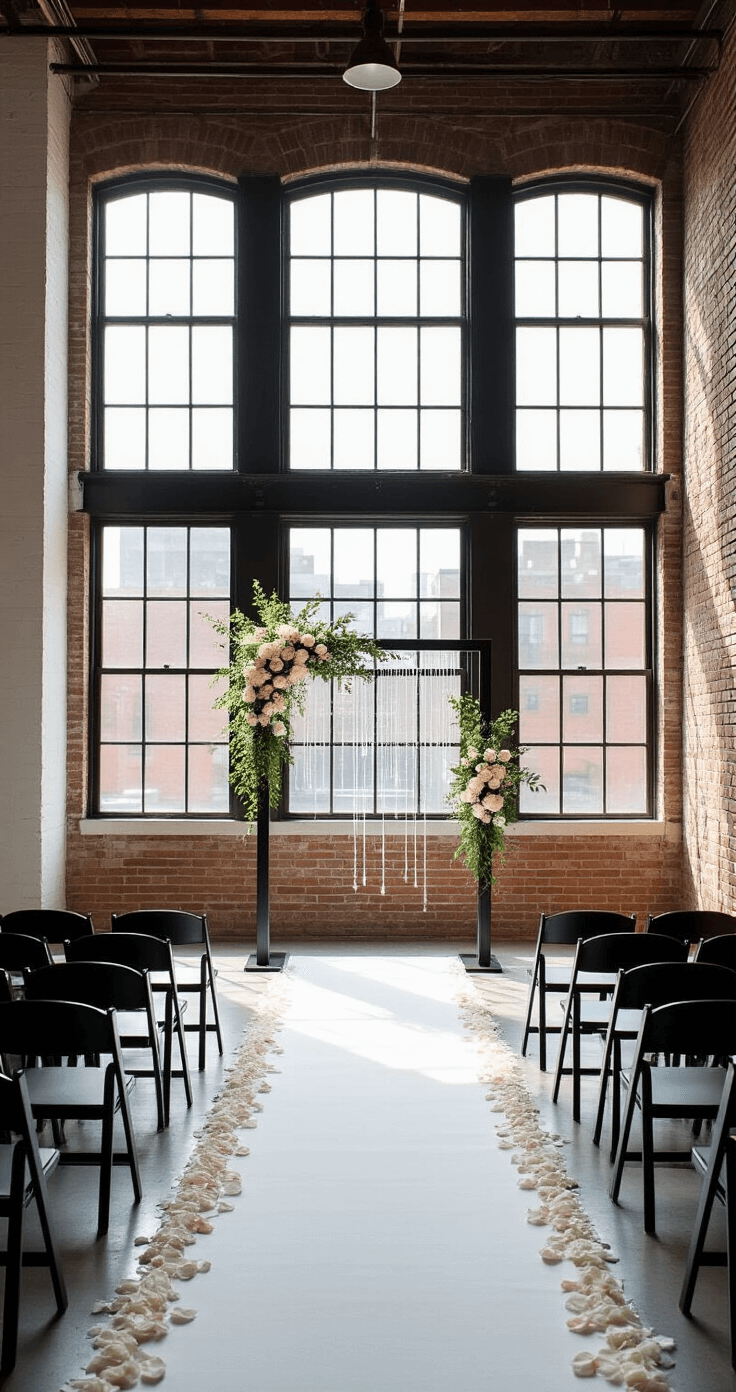 Modern urban loft wedding ceremony space featuring white-painted exposed brick walls and striking black metal windows. Minimalist black chairs line a white aisle runner scattered with rose petals. A geometric black metal arch adorned with asymmetrical white florals and hanging crystal strands frames the altar. Morning light creates dramatic shadows, captured from a low angle with a wide-angle lens, emphasizing the height and architectural details.