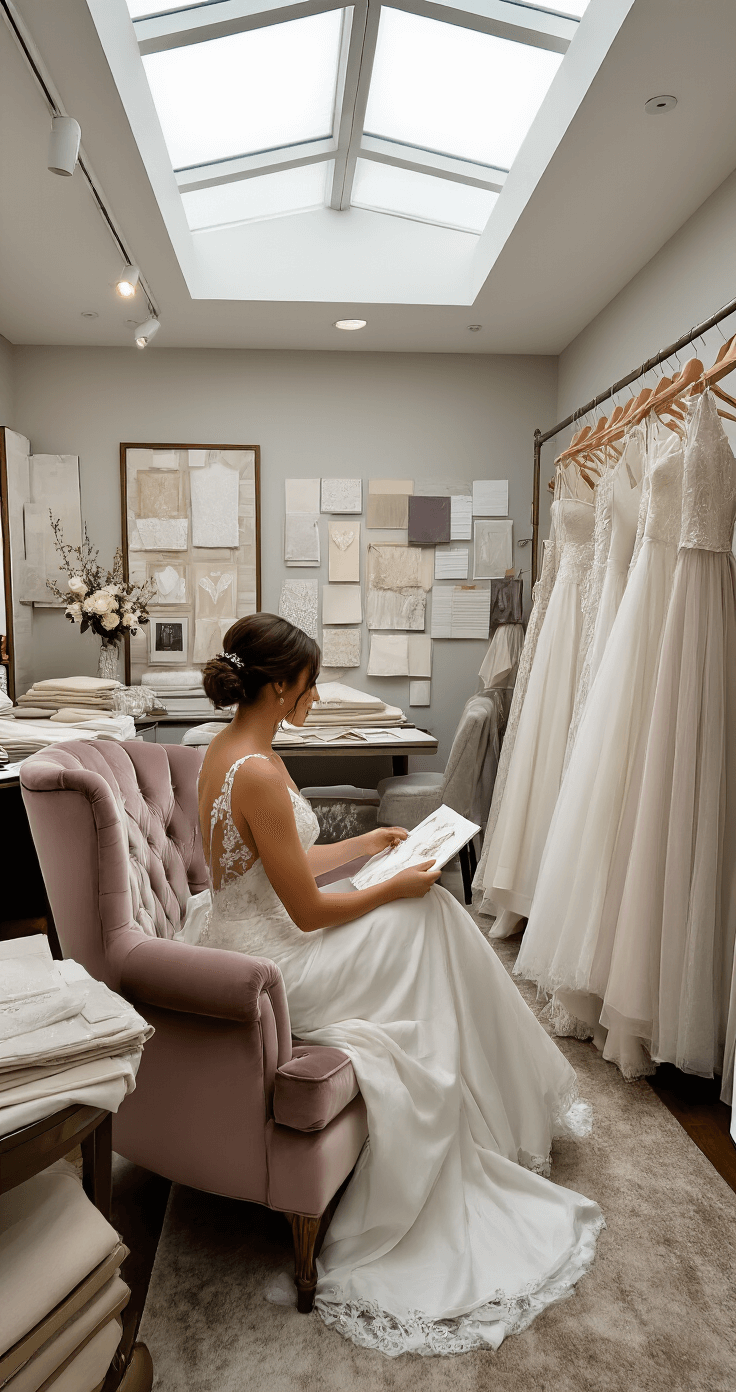 A bride seated in a plush velvet chair, examining fabric swatches in a contemporary bridal boutique, surrounded by organized mood boards and illuminated by natural light from skylights.