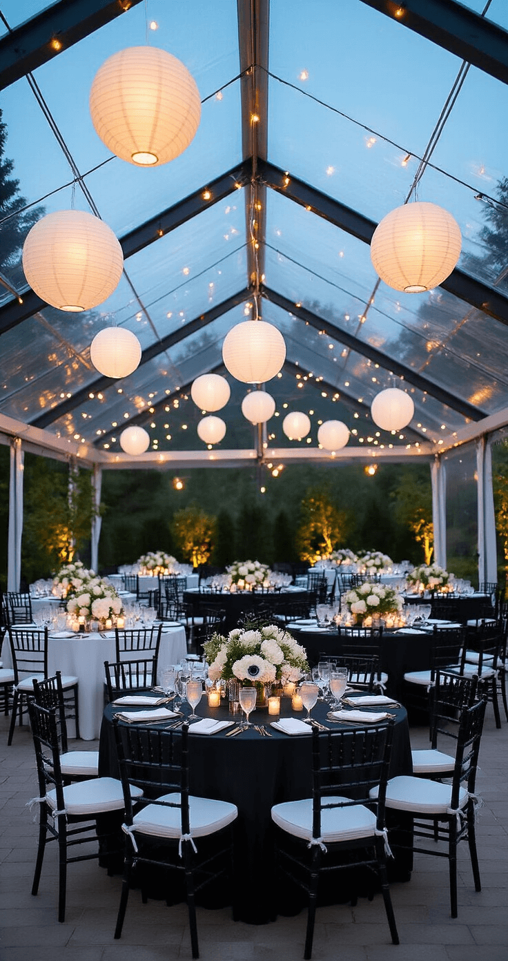 Intimate garden reception under a twilight sky, featuring a clear-top tent, white paper lanterns, and string lights, with alternating round tables dressed in black and white linens, adorned with mixed floral centerpieces, and black Chiavari chairs, captured from an elevated angle showcasing a geometric layout in soft, dreamy lighting.