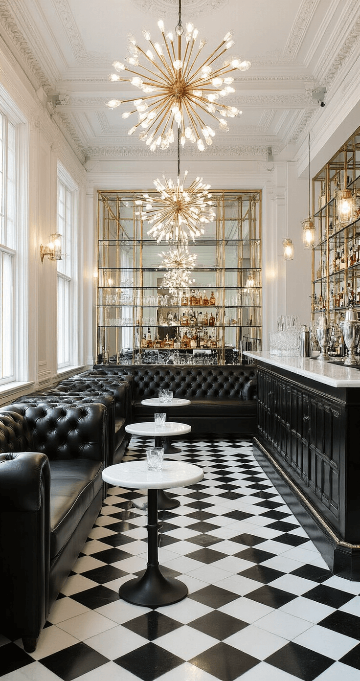 Art deco-inspired cocktail lounge featuring black leather tufted sofas, white marble side tables, and geometric black and white floor tiles, illuminated by modern sputnik chandeliers. A mirrored bar with floating glass shelves reflects crystal decanters and silver serving pieces. Captured from a corner angle to emphasize depth and patterns in a warm, intimate atmosphere.