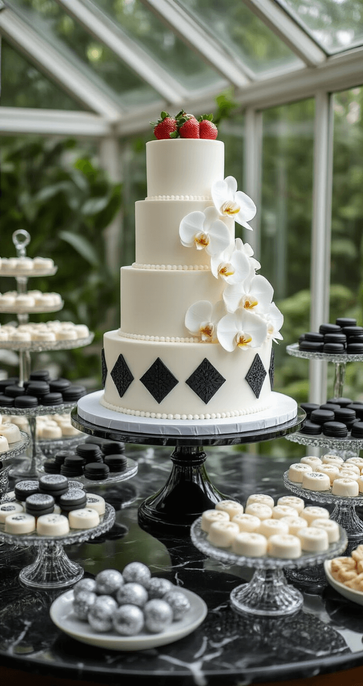 A stunning six-tier white wedding cake with black geometric details, centered on a black marble table in a conservatory. Surrounding dessert stations display white chocolate-dipped strawberries, black macarons, and silver-dusted truffles on tiered crystal stands, with white orchids cascading down the cake sides, all illuminated by natural light from greenhouse panels.