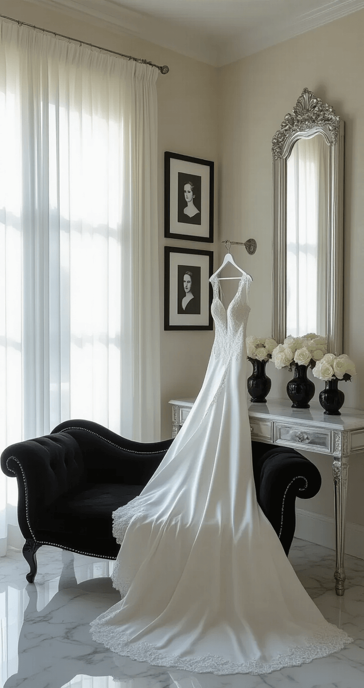 A sunlit wedding suite featuring sheer white drapes, a black velvet chaise lounge holding a wedding gown, and white silk robes hung from crystal hooks. The marble vanity has a Hollywood-style mirror, surrounded by silver-framed black and white portraits and white roses in black ceramic vases, all viewed through a doorway.