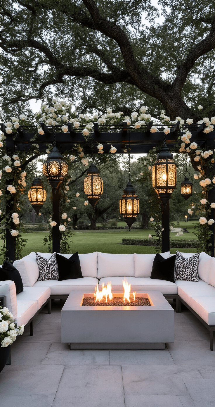 An outdoor lounge scene at dusk featuring modern white leather sectionals with black pillows around a glowing glass fire pit, surrounded by 100-year-old oak trees and adorned with Moroccan lanterns and climbing white roses on a black metal pergola, enhanced by ambient lighting from landscape spots and string lights.