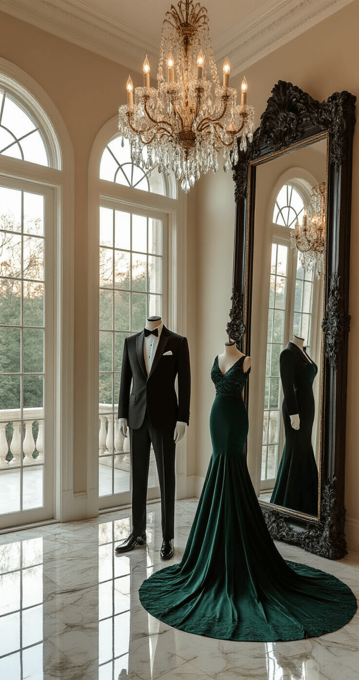 Black Tie Wedding Attire: Your Ultimate Guide to Nailing the Dress Code A luxurious master bedroom staged for a black tie event, featuring 14-foot cathedral ceilings, floor-to-ceiling windows letting in golden hour light, and a vintage chandelier. A black tuxedo and emerald gown displayed on mannequins beside a large carved mirror, with rich textures of velvet and silk, against marble floors in a color palette of deep blacks, emerald green, gold, and warm ivory.