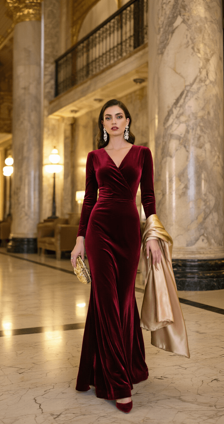 Winter Wedding Guest Dresses: Your Complete Style Guide for 2024 A woman in a fitted burgundy velvet gown with long sleeves stands in a historic hotel lobby adorned with art deco details and marble columns. The warm ambient lighting highlights her vintage-inspired crystal earrings and small golden clutch. She wears matching velvet pumps and a champagne-colored silk wrap, captured from a low angle to emphasize the gown's dramatic silhouette.