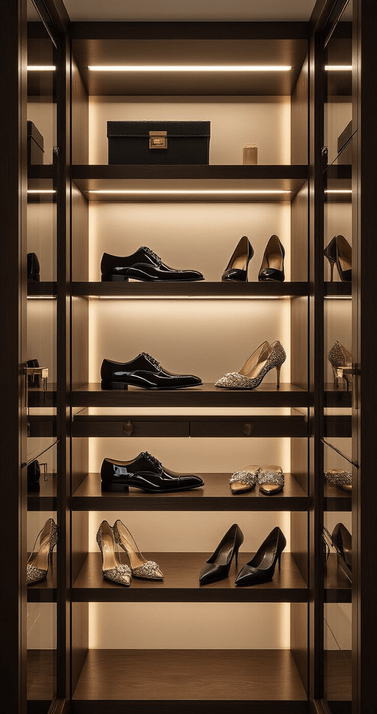 Black Tie Wedding Attire: Your Ultimate Guide to Nailing the Dress Code A luxurious walk-in closet at twilight featuring 12-foot custom walnut shelving with organized patent leather oxfords and crystal-embellished heels, softly illuminated by LED lighting, with glass-front cabinets and accents of brushed brass and beveled glass in a rich brown, metallic gold, jet black, and champagne color palette.