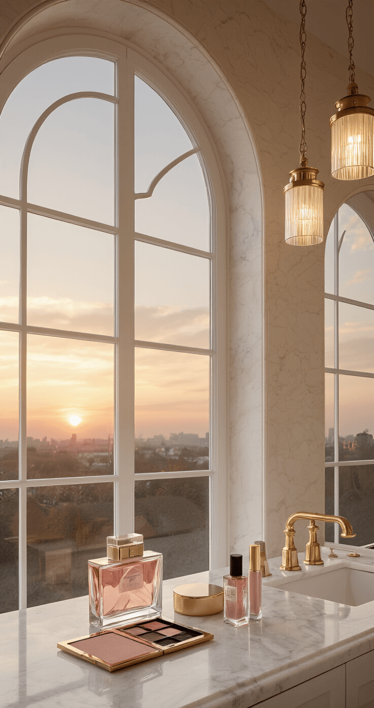 Black Tie Wedding Attire: Your Ultimate Guide to Nailing the Dress Code An elegant master bathroom at sunset featuring an 11-foot ceiling, pendant lighting, and a marble vanity adorned with evening makeup and perfumes. Large arched windows bathe the scene in rosy light, highlighting luxury textures of polished stone, cut glass, and brushed gold in a blush pink and warm gold color palette.