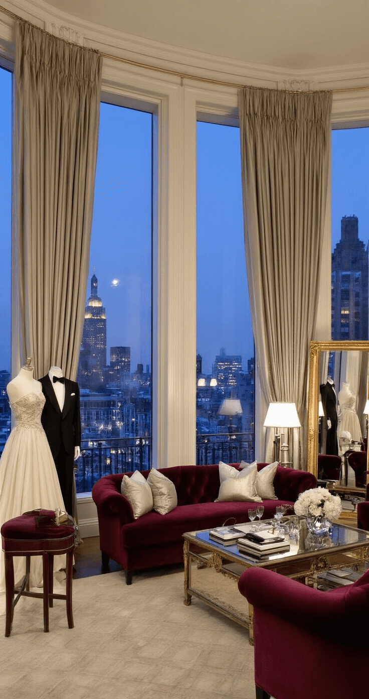 Black Tie Wedding Attire: Your Ultimate Guide to Nailing the Dress Code A formal living room at dusk, transformed into a pre-event staging area with 15-foot silk-draped windows showcasing city views. Full-length mirrors reflect mannequins in black tie attire amidst velvet upholstery, polished mahogany, and crystal accents, with a color palette of deep burgundy, charcoal grey, antique gold, and ivory.