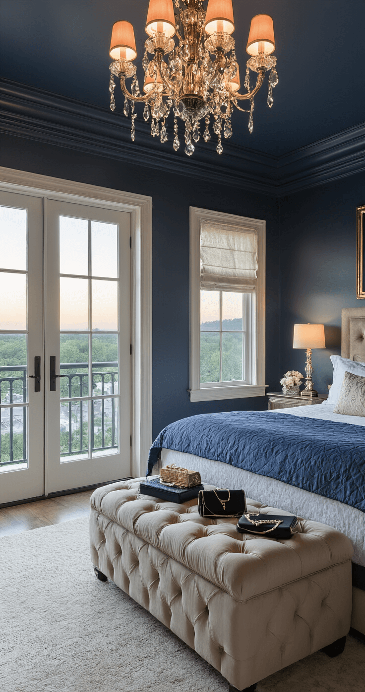 Black Tie Wedding Attire: Your Ultimate Guide to Nailing the Dress Code A luxurious boutique hotel suite bedroom at magic hour, featuring a 13-foot tray ceiling with a vintage chandelier. A tufted ottoman displays evening clutches and formal accessories, while French doors lead to a balcony. Textures include quilted leather, satin, and antiqued mirror, with a color palette of navy blue, platinum, rich black, and shell pink, captured from a high corner angle.