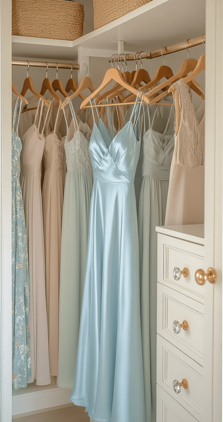 A bright and airy walk-in closet featuring a light blue silk slip dress with metallic accessories on a premium wooden hanger, surrounded by organized rows of pastel and jewel-toned summer wedding guest attire. Luxe details include crystal drawer pulls and champagne-colored hardware, all illuminated by soft, diffused window light for an inviting atmosphere.