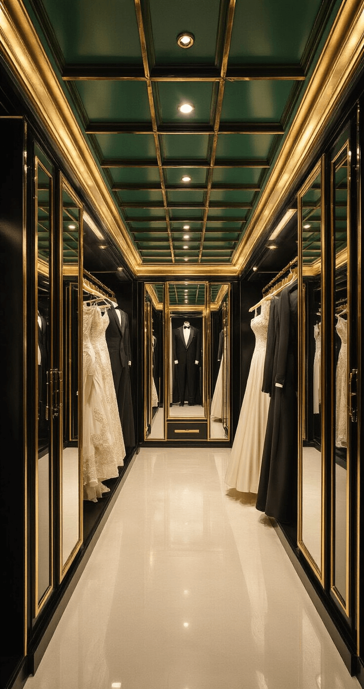Black Tie Wedding Attire: Your Ultimate Guide to Nailing the Dress Code An art deco inspired dressing room at night featuring a 16-foot geometric coffered ceiling with accent lighting, showcasing hanging formal gowns and tuxedos. Floor-to-ceiling mirrors create infinite reflections in deep green, metallic gold, jet black, and crisp white tones, with lacquered wood and polished brass details.