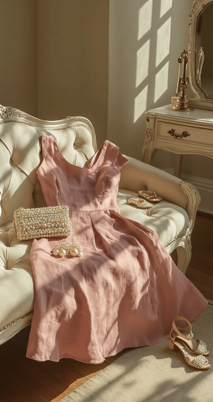 A vintage-inspired bedroom illuminated by afternoon sunlight, showcasing a dusty rose linen dress on a tufted cream bench, accompanied by pearl drop earrings, metallic sandals, and a beaded clutch, with an antique mirror and vanity in the background, shot with a dreamy depth of field.