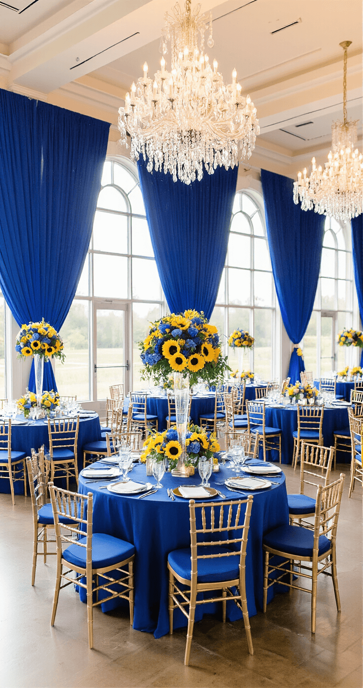 Blue and Yellow Wedding: A Vibrant Celebration of Love and Color A grand wedding reception hall featuring high ceilings, crystal chandeliers, and royal blue silk drapes framing large windows. The space is filled with round tables elegantly set with blue linens and floral centerpieces, surrounded by gold Chiavari chairs. Shot from an elevated position, the image captures the geometric symmetry and vibrant atmosphere enhanced by golden hour lighting.