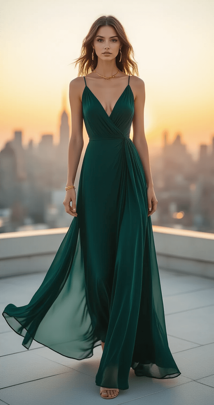 A model in a deep emerald chiffon wrap dress stands on a modern rooftop venue at sunset, the fabric flowing gracefully in the golden hour breeze. She wears minimalist gold jewelry and nude heels, with a city skyline bokeh softly blurred in the background.