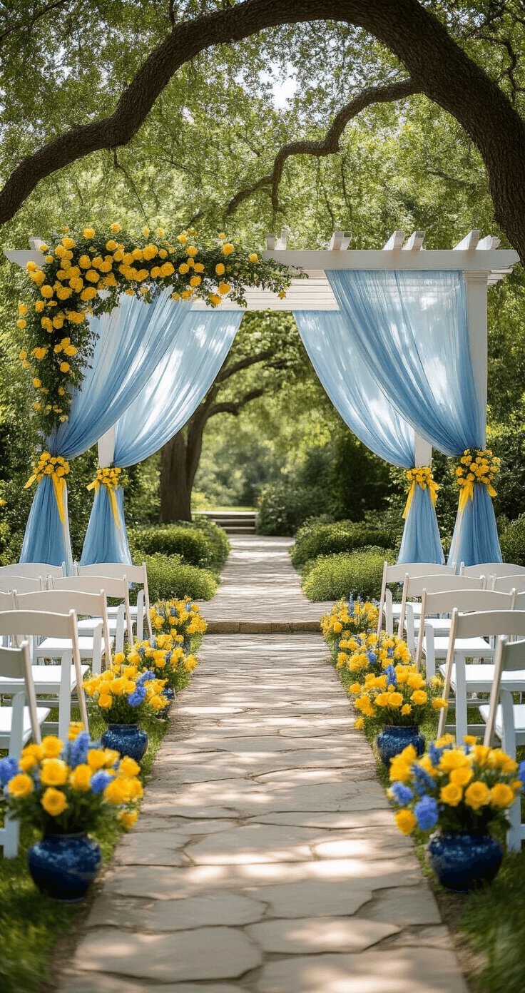 Blue and Yellow Wedding: A Vibrant Celebration of Love and Color An intimate outdoor garden ceremony setup featuring a white pergola adorned with dusty blue chiffon and climbing yellow roses, surrounded by white wooden chairs with buttery yellow ribbons, and a stone pathway lined with blue delphiniums and yellow daffodils in vintage blue ceramics, captured in dappled sunlight beneath old oak trees.
