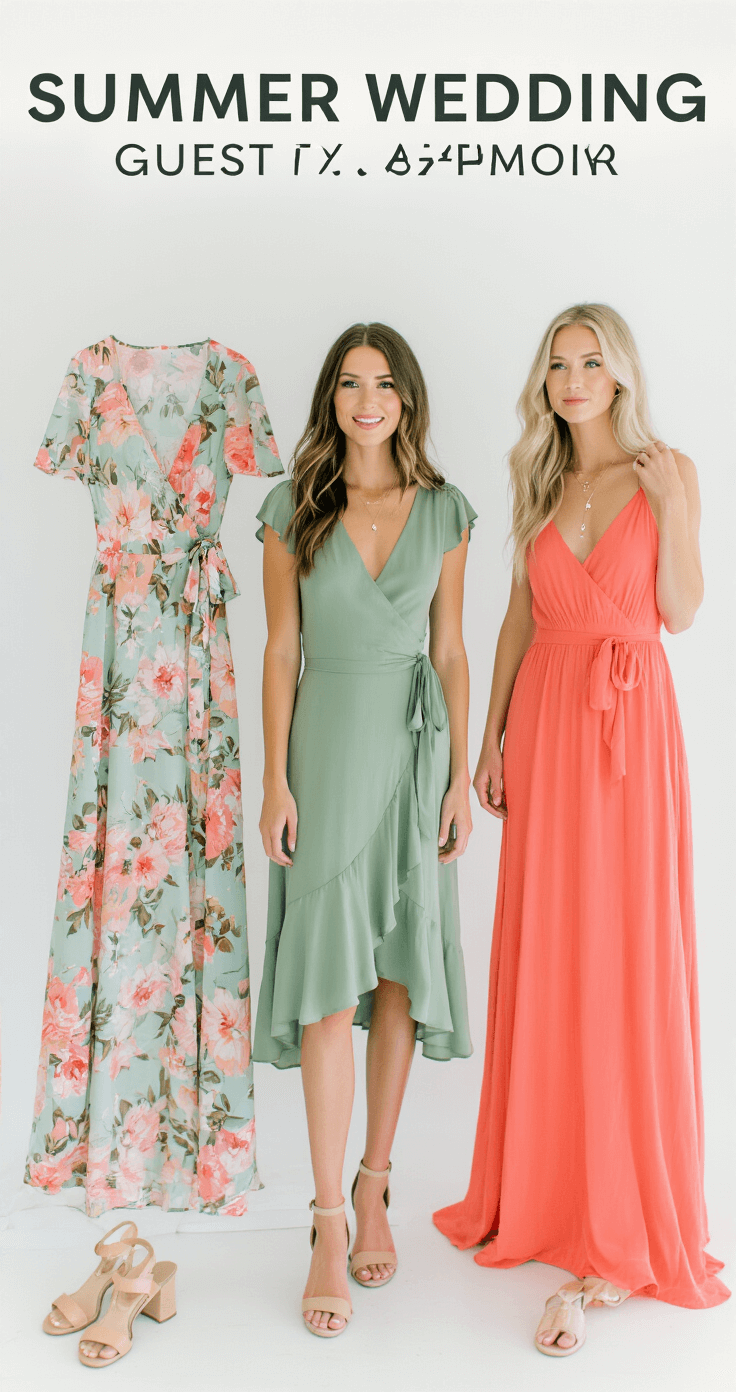 Flat lay of three summer wedding guest outfits on a clean white backdrop: a pastel floral midi dress, a sage green silk wrap dress, and a coral maxi dress, each paired with coordinating accessories, shoes, and jewelry, captured in natural daylight for clarity.