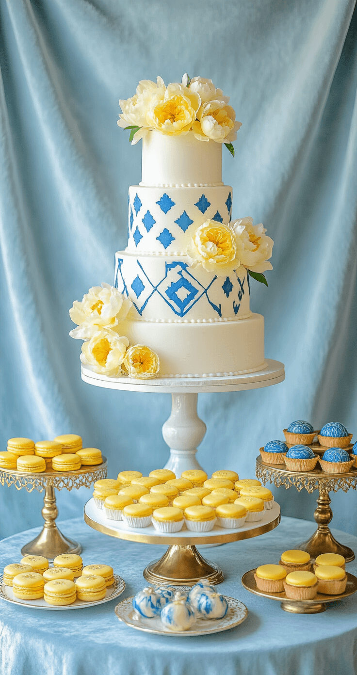 Blue and Yellow Wedding: A Vibrant Celebration of Love and Color A vintage French patisserie-style buffet table featuring a three-tier white wedding cake adorned with blue geometric patterns and yellow peonies, surrounded by yellow macarons, blue-marbled chocolates, and lemon tartlets, set against a textured blue velvet backdrop with crystal and gold accents, all illuminated by soft box lighting.
