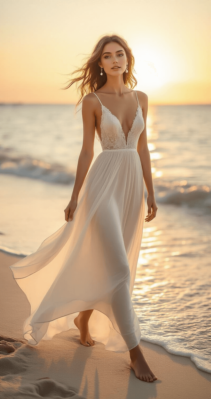 Beach Wedding Dresses: Your Ultimate Guide to Coastal Bridal Style A bride in a flowing silk chiffon A-line dress with lace detailing walks barefoot along a sun-drenched beach at golden hour, her hair adorned with a simple pearl hairpin and minimal jewelry. The tea-length hem of her dress reveals elegant barefoot sandals, captured from a low angle to highlight the warm sunset light filtering through the fabric.