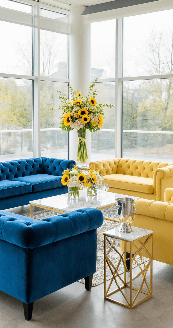 Blue and Yellow Wedding: A Vibrant Celebration of Love and Color A modern bridal party lounge featuring contemporary blue velvet sofas and buttercream yellow accent chairs around a marble coffee table, with geometric gold side tables holding crystal champagne buckets, and tall glass vases filled with sunflower and hydrangea arrangements, illuminated by natural light and fill lighting.