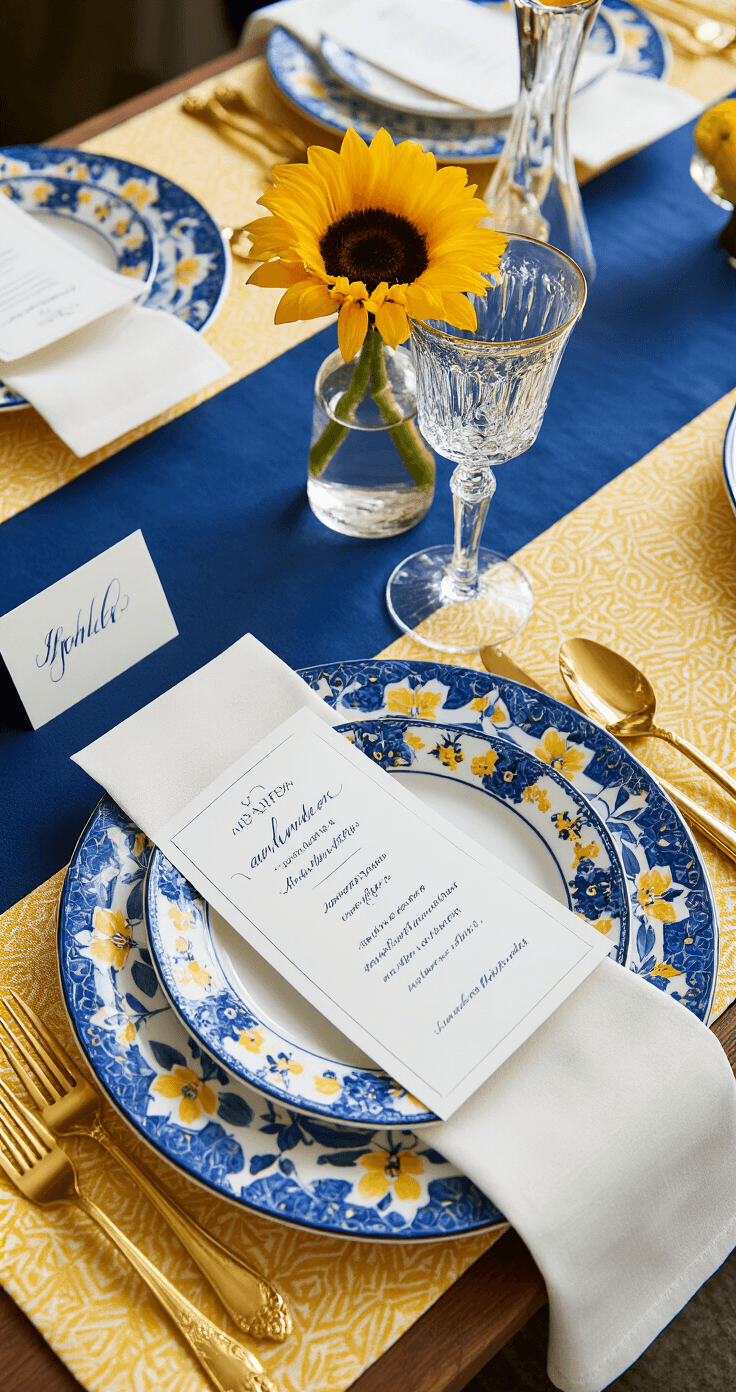 Blue and Yellow Wedding: A Vibrant Celebration of Love and Color Close-up of an elegant table setting featuring blue and white china with yellow floral motifs, layered linens in royal blue and geometric-patterned yellow, crystal stemware, gold flatware, hand-calligraphed dusty blue place cards, and a single sunflower in a bud vase, captured from a 45-degree angle with soft directional lighting.