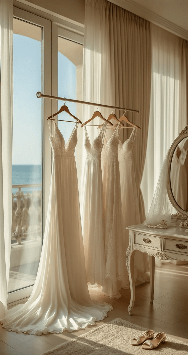 Beach Wedding Dresses: Your Ultimate Guide to Coastal Bridal Style A luxury beachfront bridal suite with floor-to-ceiling windows, showcasing lightweight wedding dresses including a Greek goddess-style gown in ivory silk charmeuse and a romantic cotton lace slip dress. Soft morning light filters through sheer curtains, illuminating the dresses. Accessories on a vintage vanity include pearl studs, a simple tulle veil, and crystal-embellished flat sandals.