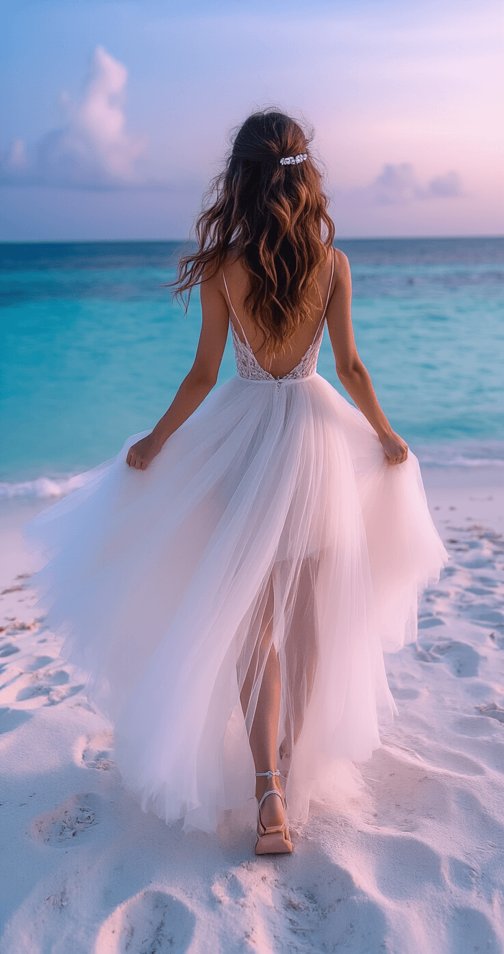 Beach Wedding Dresses: Your Ultimate Guide to Coastal Bridal Style Aerial view of a bride twirling on white sand in a high-low tulle dress, with delicate ankle straps visible. Her loose wavy hair features a crystal clip against a blue hour sky with purple and pink tones, ocean breeze lifting the dress.