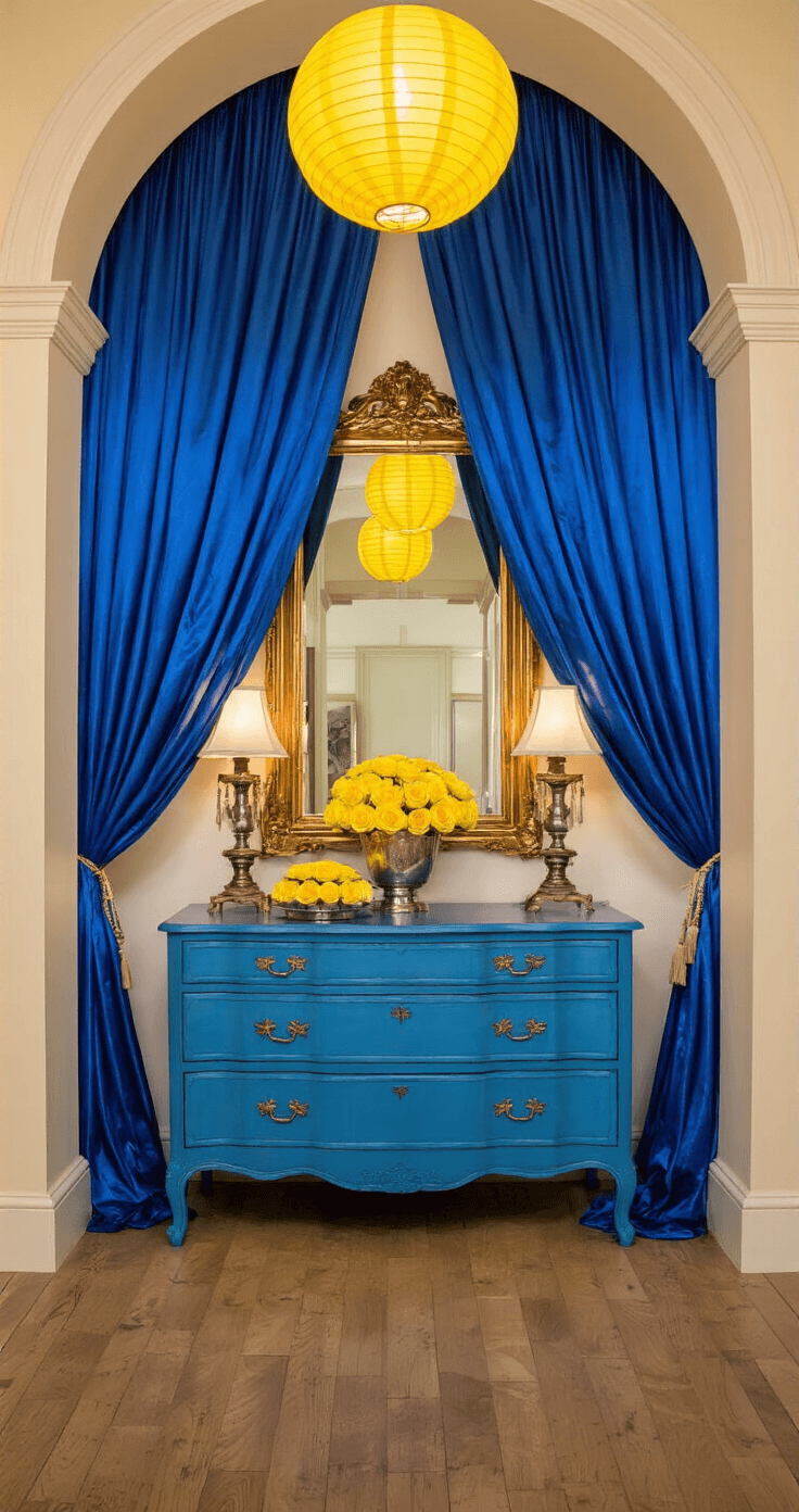 Blue and Yellow Wedding: A Vibrant Celebration of Love and Color A 15ft entrance foyer featuring a draped architectural archway in blue silk, adorned with yellow paper lanterns. A vintage blue dresser serves as a welcome station, topped with a guest book and yellow rose arrangements in mercury glass. An oversized gilded mirror reflects warm candlelight, creating a symmetrical and inviting atmosphere.