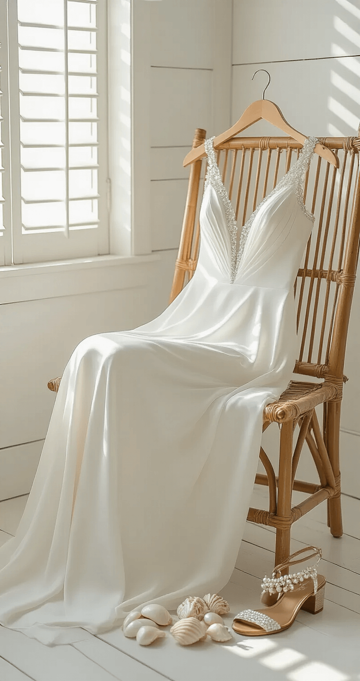Beach Wedding Dresses: Your Ultimate Guide to Coastal Bridal Style Close-up detail of a sheath wedding dress in georgette fabric draped on a bamboo chair, showcasing subtle beading glimmering in midday light, with minimalist bridal accessories including pearl drop earrings, a shell-encrusted headband, and metallic leather sandals, set against a whitewashed beach cottage wall.