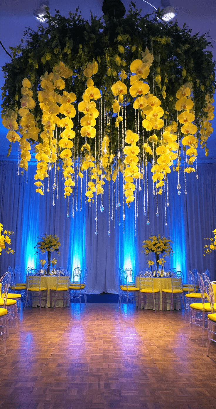 Blue and Yellow Wedding: A Vibrant Celebration of Love and Color A 24x24ft parquet dance floor surrounded by blue ambient uplighting, adorned with suspended floral installations of yellow orchids and hanging crystals. Ghost chairs with yellow cushions line the edges, captured from an elevated angle showcasing the dynamic celebration and theatrical lighting design.