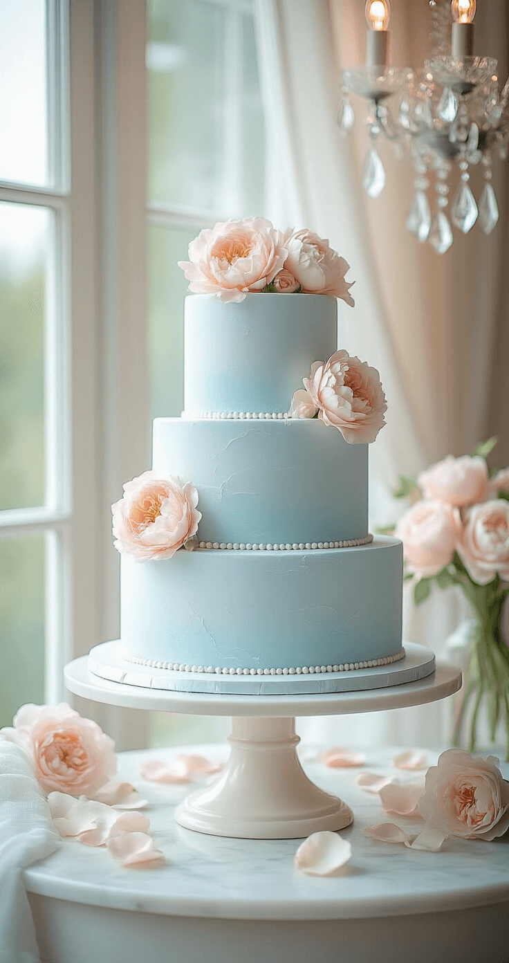 Luxurious photography studio with a pastel blue 3-tier wedding cake on a marble pedestal, soft natural light creating gentle shadows, and adorned with blush pink sugar peonies and scattered rose petals, set against a backdrop of white curtains and crystal chandeliers.