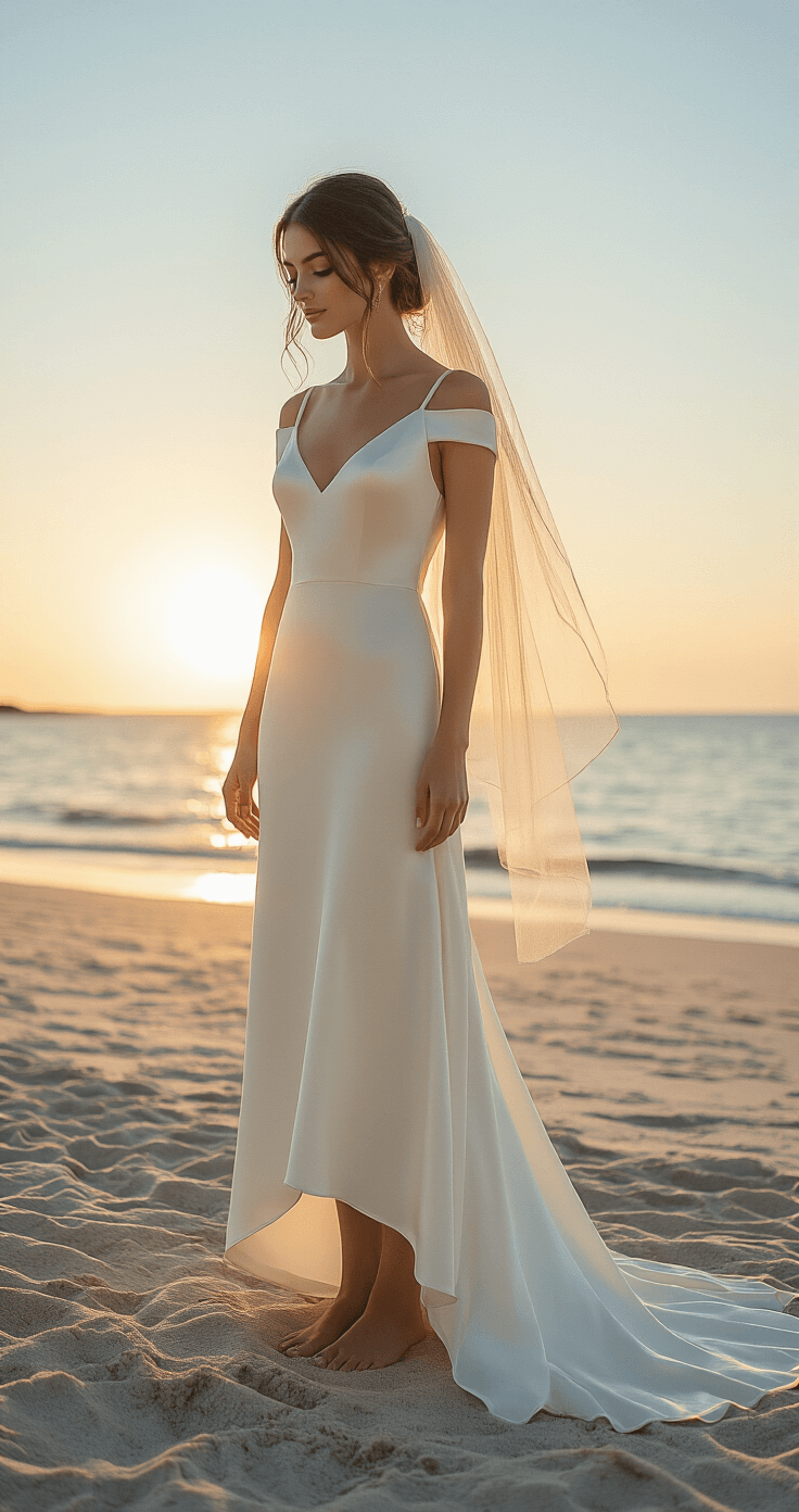 Beach Wedding Dresses: Your Ultimate Guide to Coastal Bridal Style A bride in an ivory silk charmeuse column dress with a minimal train prepares for sunset photos on the beach, wearing a shoulder-length veil that catches the golden light and delicate barefoot jewelry; a professional steamer and emergency kit are visible in the background, captured in golden hour lighting with a reflector fill.
