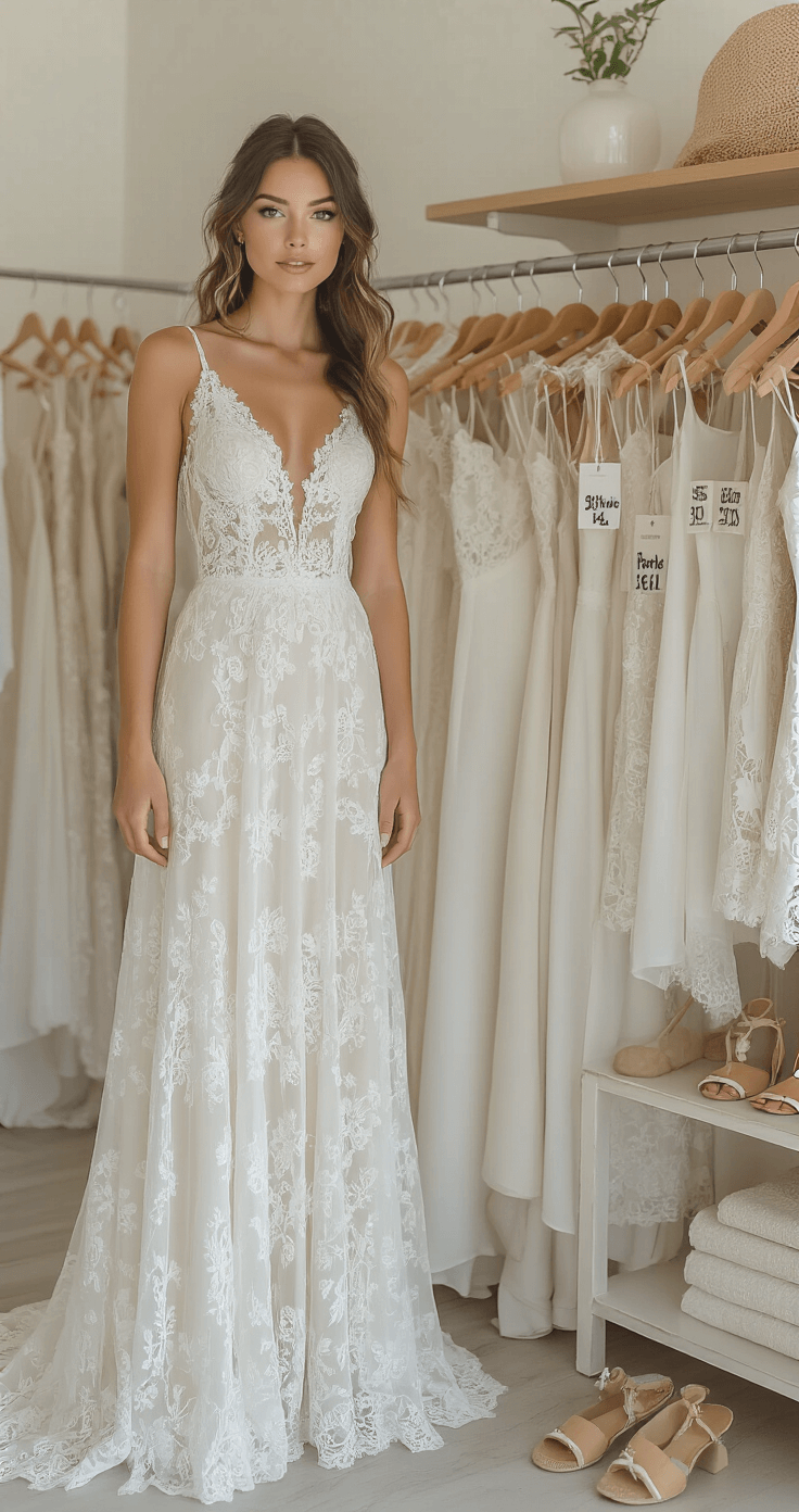 Beach Wedding Dresses: Your Ultimate Guide to Coastal Bridal Style Modern bridal boutique interior showcasing a curated selection of beach-appropriate wedding gowns, including a romantic cotton lace A-line dress and a sleek silk slip dress. Price tags indicate a range from budget to luxury. Accessories like simple veils, pearl jewelry, and beach-friendly shoes are thoughtfully displayed. The image is captured with bright natural lighting and a wide-angle lens.