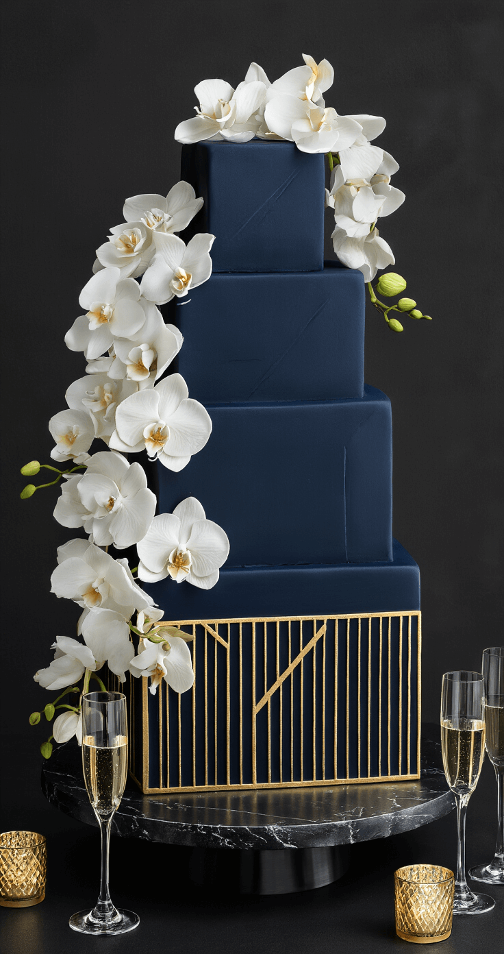 A stunning navy blue wedding cake with four square tiers and geometric gold leaf detailing, adorned with cascading white orchids, set against a dark charcoal wall. The scene is illuminated by strategic spotlighting, highlighting the cake's textures and sharp edges, with a black marble cake stand for added sophistication. Champagne glasses and metallic accents are in the foreground, creating a dramatic evening reception atmosphere.
